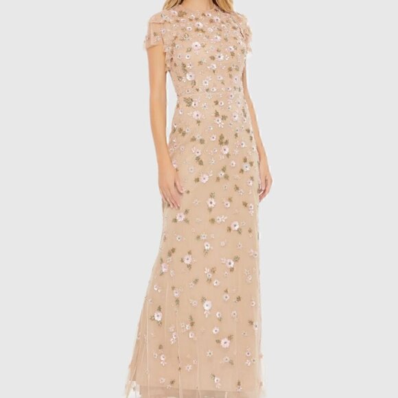 NWT Mac Duggal 9086 Embellished High Neck Flutter Sleeve Gown Nude Multi Size 14 - Picture 1 of 16